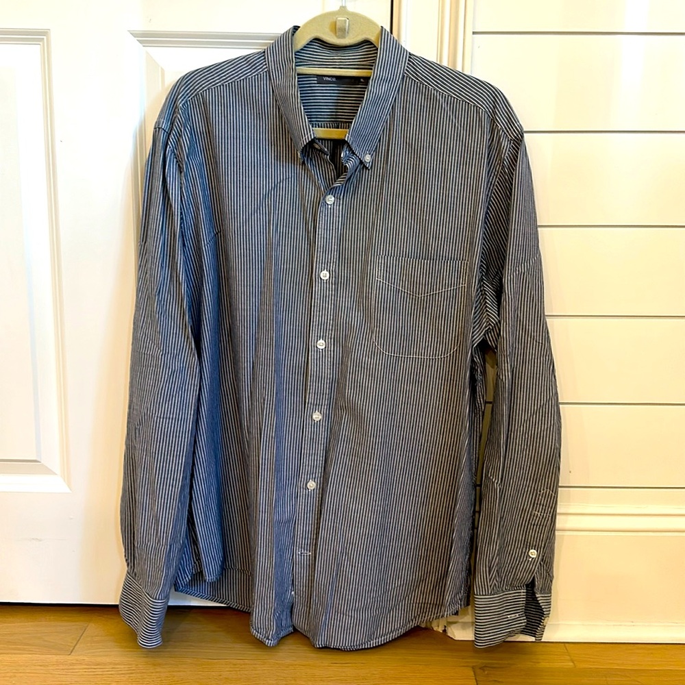 Vince men’s casual cotton button-down shirt in slate blue/ivory stripe, size XL